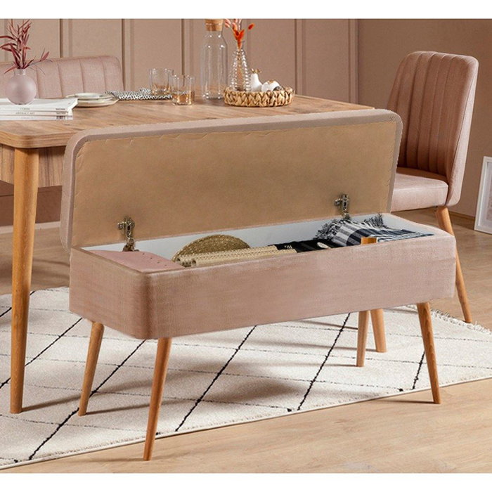 Hanah Home 0900 - 3 Conjunto Mesa y Sillas Extensibles, Tablero Melamina, Terciopelo, Pino Atlántico y Piedra, 4 Sillas y Banco